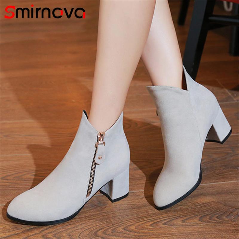 

Smirnova women boots 2020 hot fashion zipper round toe solid ankle boots square heels elegant female high heel, Black