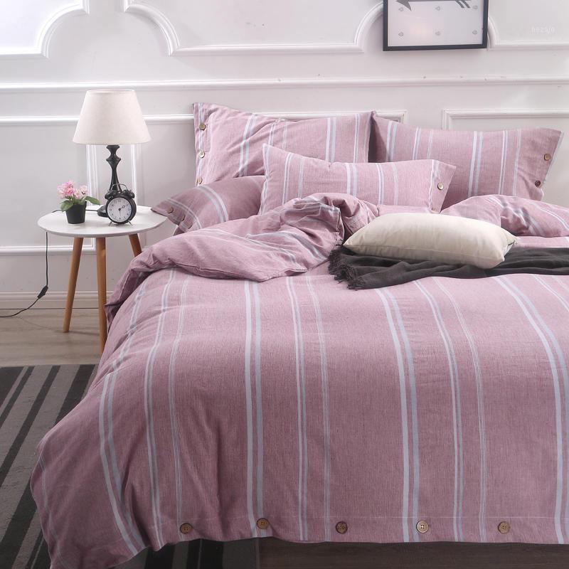 

Snow purple Bedding Set Yarn-dyed cotton Bedding stripes Bed Set Adult children Bed Linen Queen Size Sheet Button Duvet Cover1, Colour 7