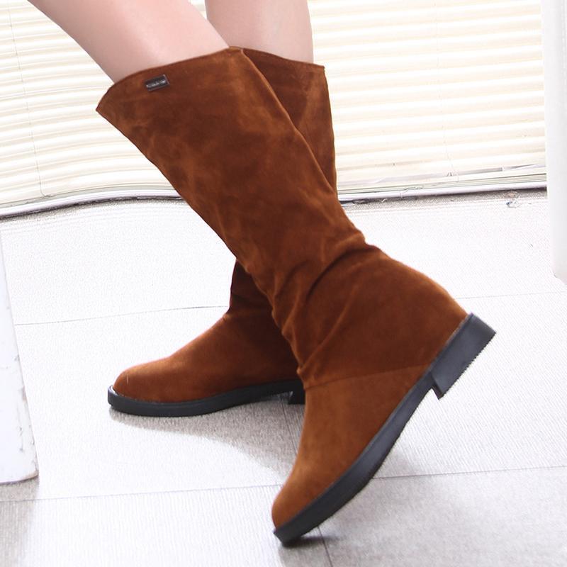 

Autumn Winter Women Boots Matte Flock Boots For Female Ladies Height Increased Low Heel Shoes Lady Mid Calf High Plus 401, Red