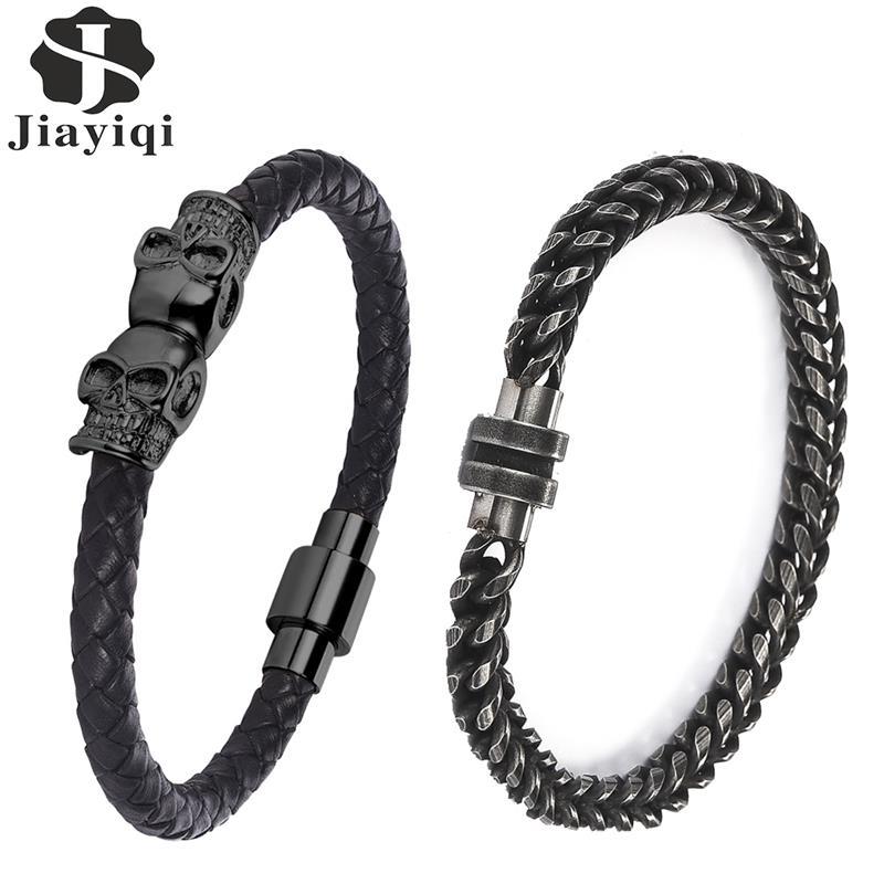 

Goth Skull Leather Bracelet Men Stainless Steel Chain Vintage Bangle for Man Fashion Punk Magnetic Jewelry Halloween Party Gift