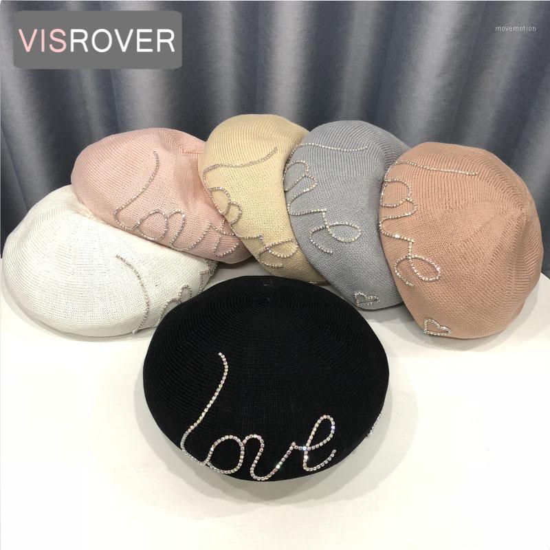 

VISROVER beret with love rhinestone female knitted acrylic cap spring summer autumn hat solid color top quality Women Boina1, White