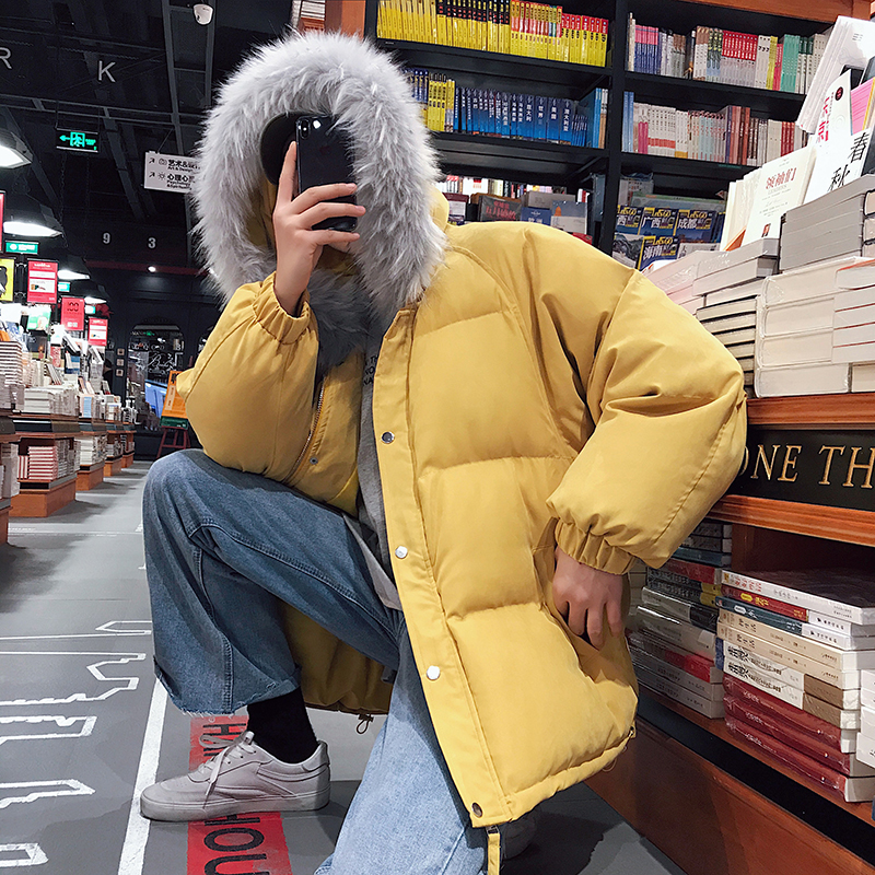 

New Korean version of the Loose Thick Large Fur Collar Cotton Coat Male High Quality Mens Solid Warm Outwear Size M-2XL, Yellow