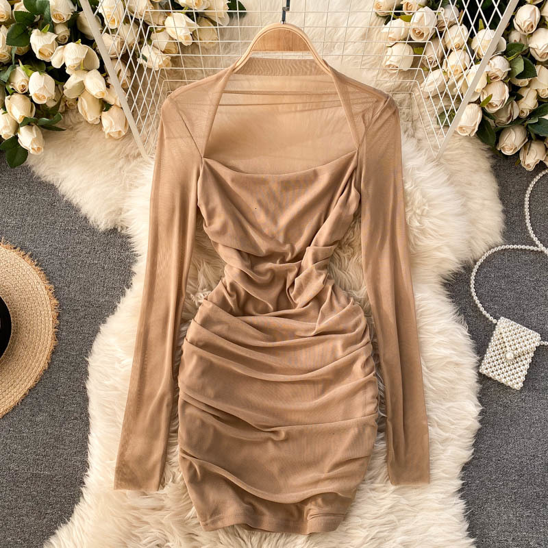 

2021 New Singiny solid women crocheted dressed up for spring party sexy perspective long ruched thin pencil short dress ITW8, Black