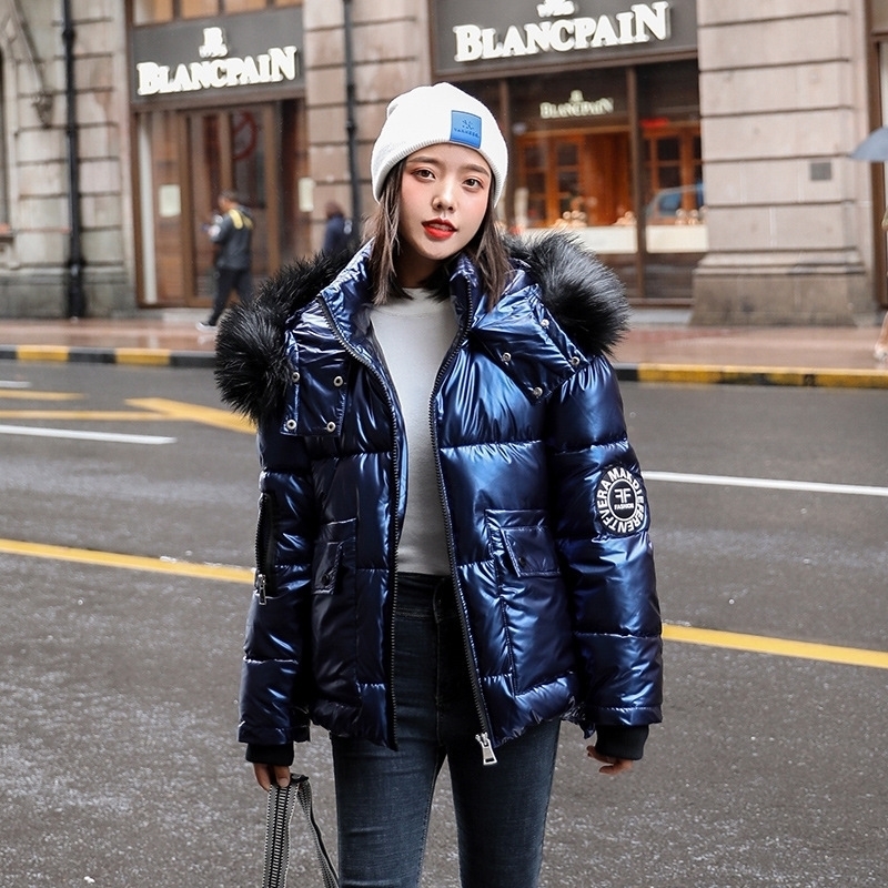 

Autumn Winter Women's Short Glossy Down Cotton Hooded Parkas With Big Fur Collar Casual Pearlescent Leather Thick Winter Jacket 201127, Champagne