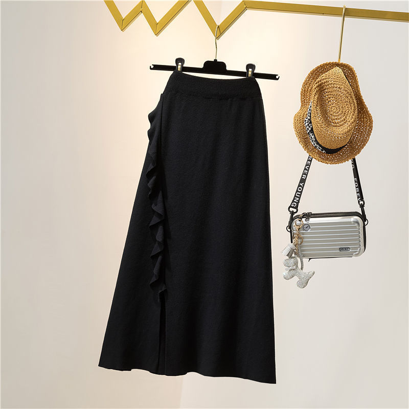 

ruffled 2021 New women knitted and crocheted long a line autumn thick winter sweater midi skirt femme phallus y316 Y0I7, Dark gray.