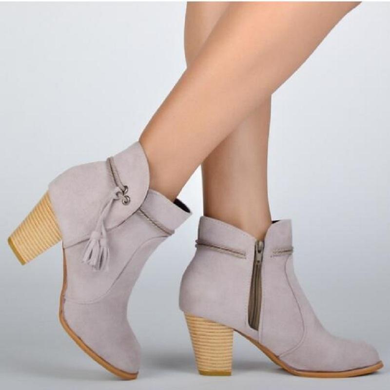 

Autumn Winter Ankle Boots for Women High Heel Fashion Flock Leather Tassel Retro Ladies Shoes Plus Size Zapatos De Mujer, Gray
