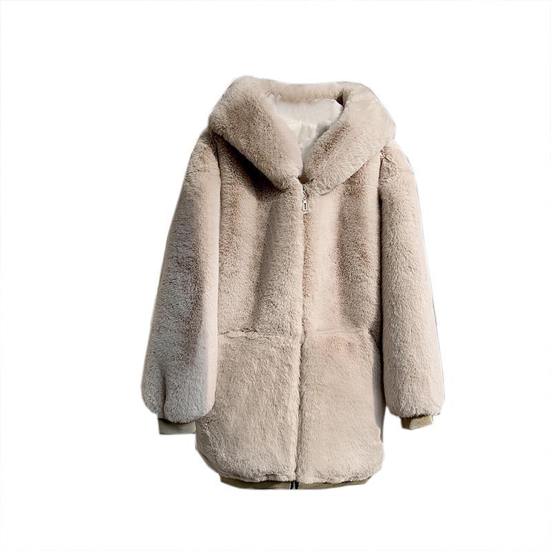 

Plush Faux Fur Coat Women' Mid-length Overcoat 2021Winter Cocoon Imitation Fur Hooded Jacket Loose Casual Women Clothing, Plus cotton