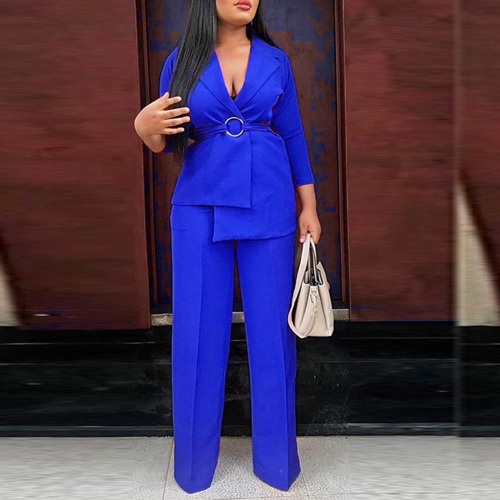 

2021 Ladies Office Two Elegant Ensemble Solid Bold Legs Wide Pants Blazer Suit African Workwear Women's Outfits Snle, Purple