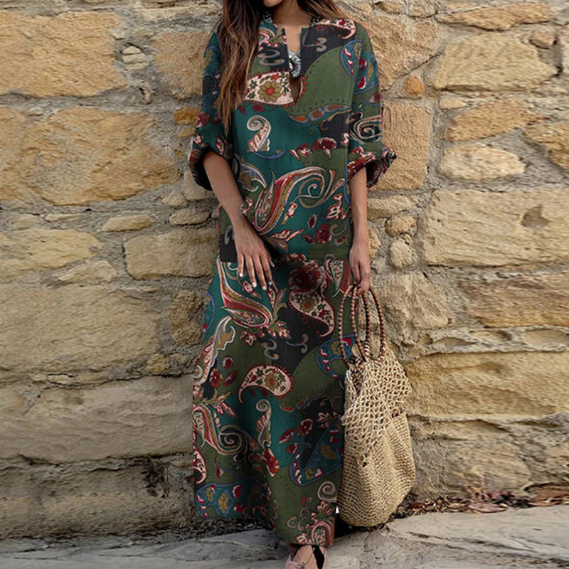 

2021 New Women's Casual Long-sleeved Loose Retro Polka Dot Patchwork Printed Autumn Ladies V-neck Party Long Plus Size N6dn, Green