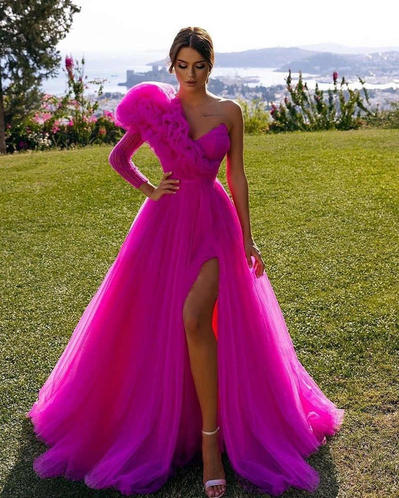 

2022 Tulle Prom Dresses Vestidos De Fiesta One Sleeve V-neck Puff Organza Arabic Dubai Formal Dress Leg Slit Evening Gowns longo Robe De Soiree, Black