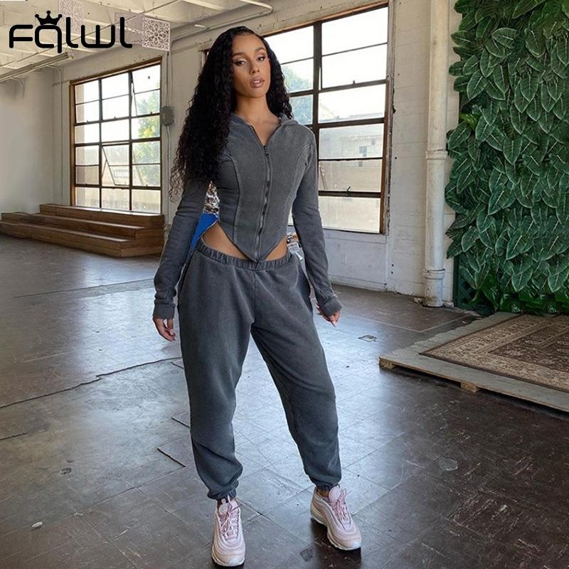 

FQLWL Streetwear Autumn 2 Two Piece Set Women Outfits Sweat suit Solid Zipper Hoodies Joggers Tracksuit Women Set Matching Sets, Khaki