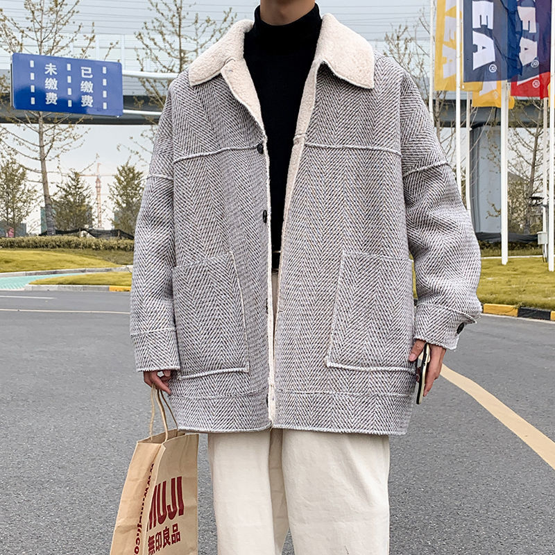 

Cotton 2021 Male Coat Autumn and Winter New Lamb Wool Clothing Young Men's Clothes NRIZ, Gray.