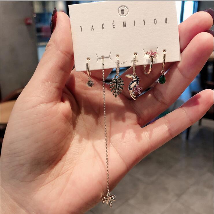 

6-piece set of color micro-inlaid woodpecker coconut water drop women earrings