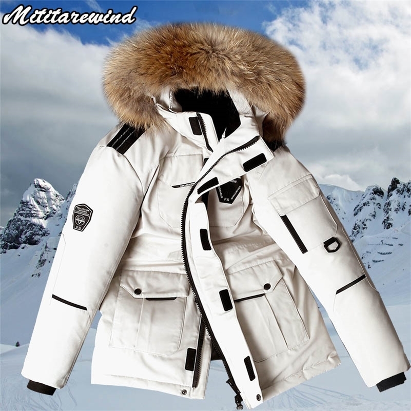 -30 degrés hiver doudoune hommes blanc duvet de canard Parkas manteau mi-long grand col de fourrure vers le bas épaissir manteau neige pardessus