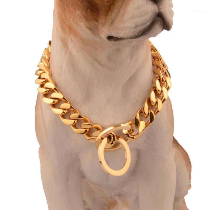 

14mm Gold Color Pet Dog Collar Stainless Steel Chain Dog Necklace Choker Link Cuba's Chain Originality Circle Lock Hot Sale1