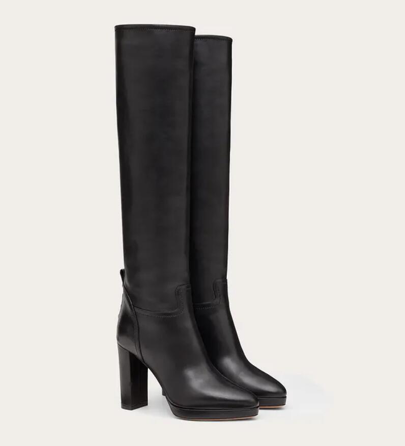 

Winter Fashion Women's Over Knee Boots Rockstuds Black Calfskin Leather Platform Tall Boots Ladies Chunky Heels Combat Booties