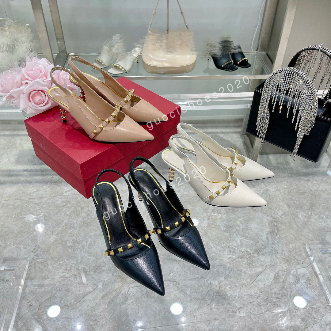 

Hot luxury design Leather Women Stud Sandals Slingback Pumps Ladies Sexy High Heels Fashion rivets shoes, 02