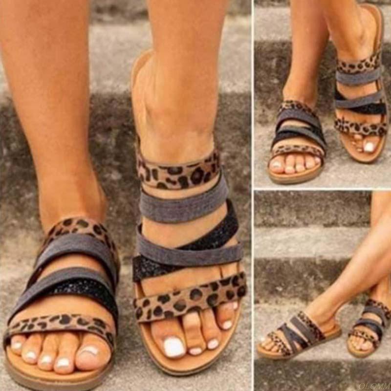 

Summer Women Sandals Shoes Rome Bohemia Style Flat Sandals Female Breathable Ribbon Leopard print Comfy Women Shoes Plus Size, Leoaprd