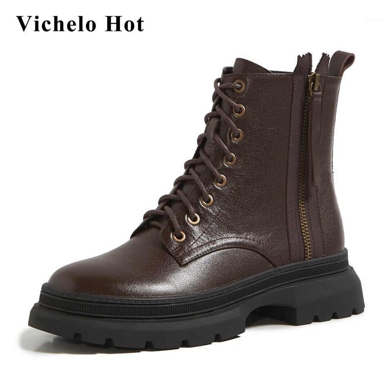 

Vichelo Hot comfortable natural leather cross-tied winter shoes women round toe thick med heel zip energy lady ankle boots L1f21, Black