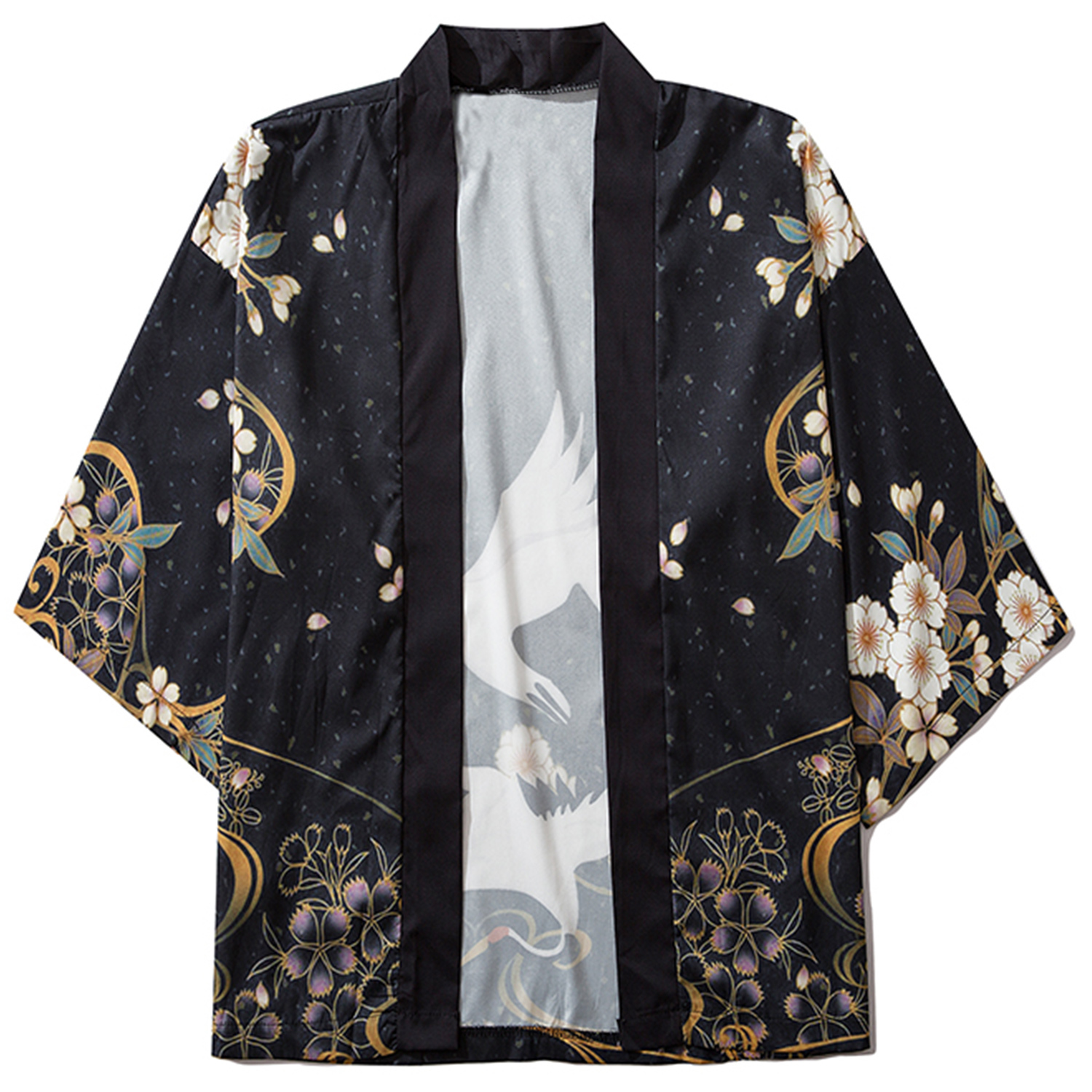 

2021 New Aelfric Eden Hip Hop Crane Flying Printed Summer Casual Tops Japanese Style Jackets Men Fashion Streetwear Front Open Coats N81r, Black