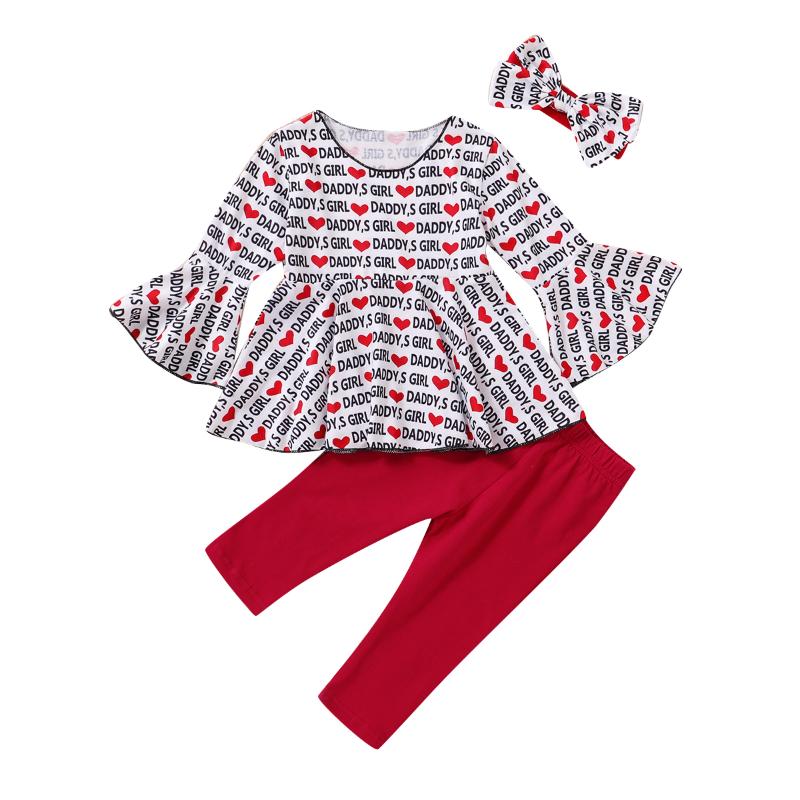 

Girl's 3-piece Set, Letter and Heart Print Lace Pagoda Sleeve Top, Solid Color Long Trousers and Hairband, As pic