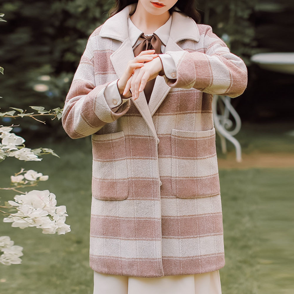 

2021 New Korean Version Overcoat Fashion Retro Autumn Winter Thicken Keep Warm Lapel Long Sleeve Woolen Coat E832, Pink