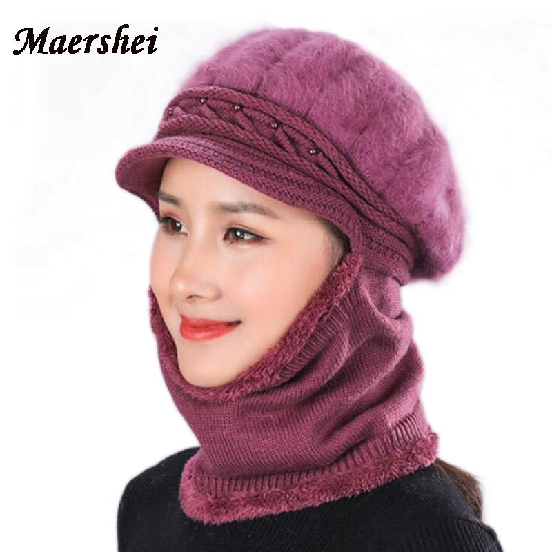 

MAERSHEI Women's Winter Fur Wool Beanies knitted Hat Bib one-piece hat wool knit ladies middle-aged cold warm mother riding ski, Khaki