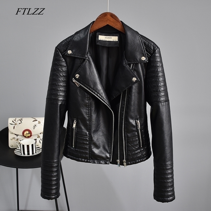 

FTLZZ Autumn Faux Leather Jacket Women Turndown Collar Pu Motorcycle Black Punk Coat Female Rivet Zipper Outerwear 201124, Xl