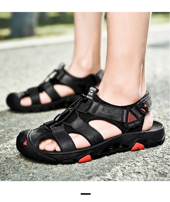 

Summer First layer Leather Sandals Men's Leather Baotou Beach Shoes Men's Soft Bottom Non-slip Outdoor Casual Shoes1, Red brown 8327