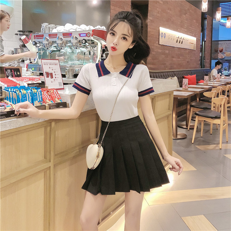 

2021 New Women's Preppy Dress Ensembles Short Sleeve Striped Thin Shirt Plied Mini Fashion Student Suits Two Pieces Skirt Ensemble 0AJ8, Blue