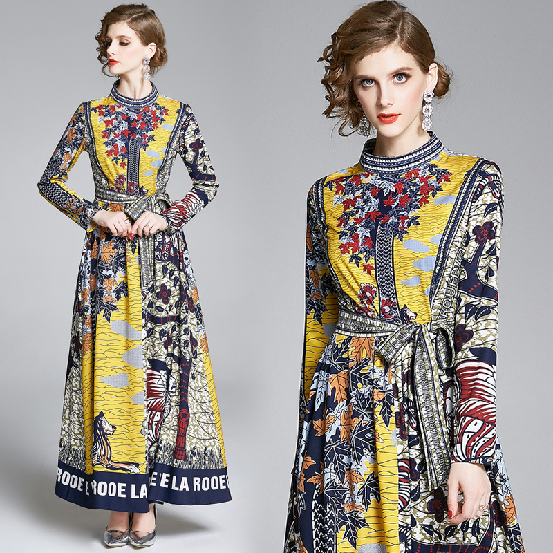 

2021 New Merchall Runway Women Autumn Stand Collar Sleeve Vintage Print Long Maxi Vestidos Mfqu, The picture color