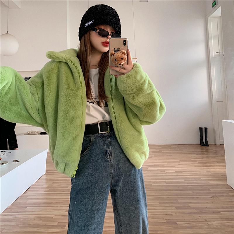 

women plush padded short jacket women autumn and winter 2021 new wild lamb wool zipper black green Outerwear top Manteau femme