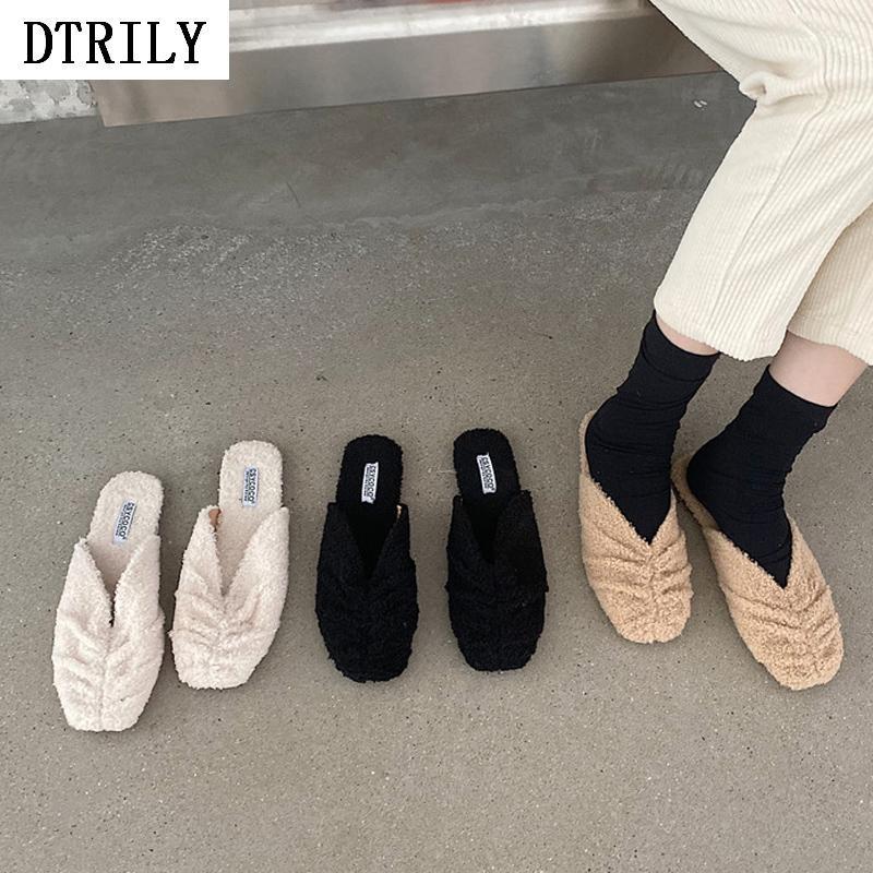 

2020 New Flats Mules Women Pleated Slip on Fur Slippers Square Toe Shoes Furry Slides Flat Loafers Autumn Winter Sandalias Mujer1, Black