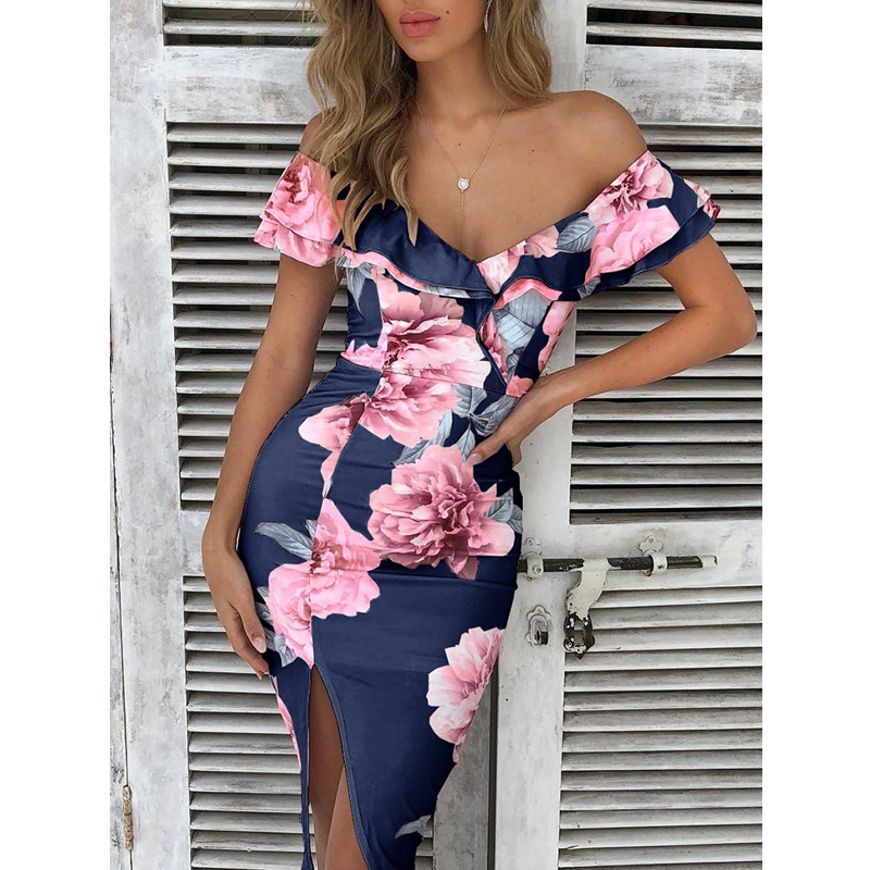 

2021 New Brand Women Floral Off Shoulder High Waist Beach Print Maxi Es Ladies Sexy Ny Slim Party Long Htxq, Pink