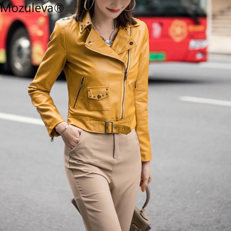 

Mozuleva New 2020 Autumn Winter Women' Leather Jacket Pockets Jackets Outerwear England Style Faux Leather Tops Coat JK1703, Yellow