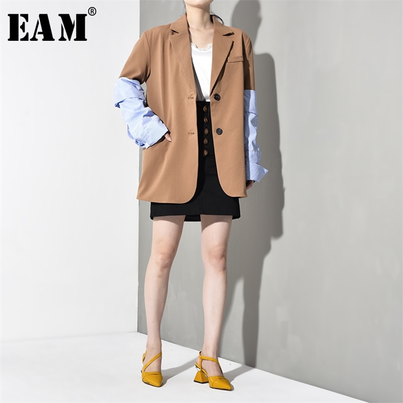 

[EAM] Loose Fit Sleeve Blue Striped Contrast Color Jacket New Lapel Long Sleeve Women Coat Fashion Spring Autumn JI82504 201112