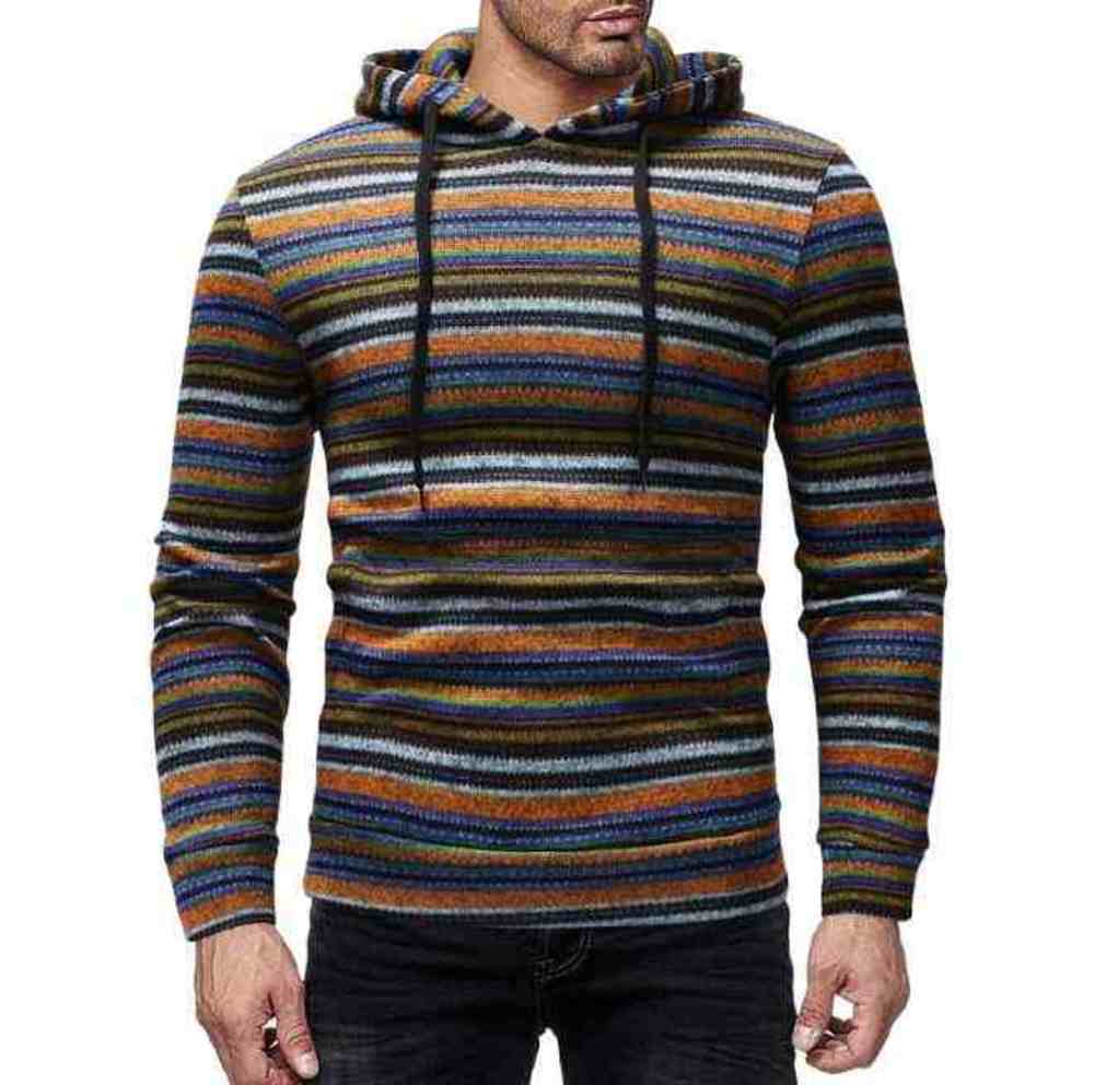 

2019 autumn winter new European and American men's striped hooded casual long-sleeved sweater