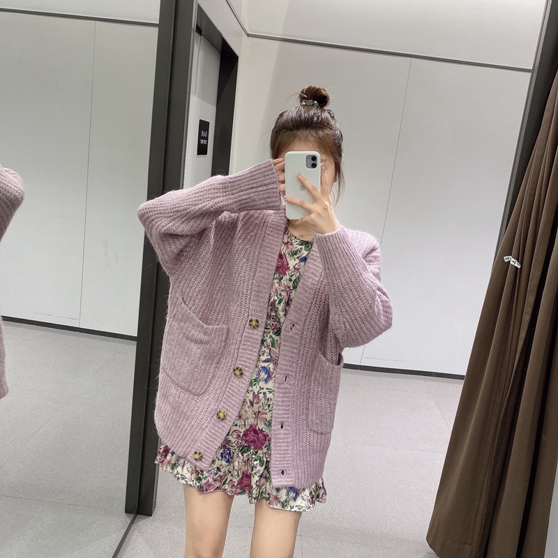 

2021 New Cardigans for Loose Pockets Single Mesh Breasted Sleeve Sweater Female Outerwear Topos Xy5089 68B5, Purple