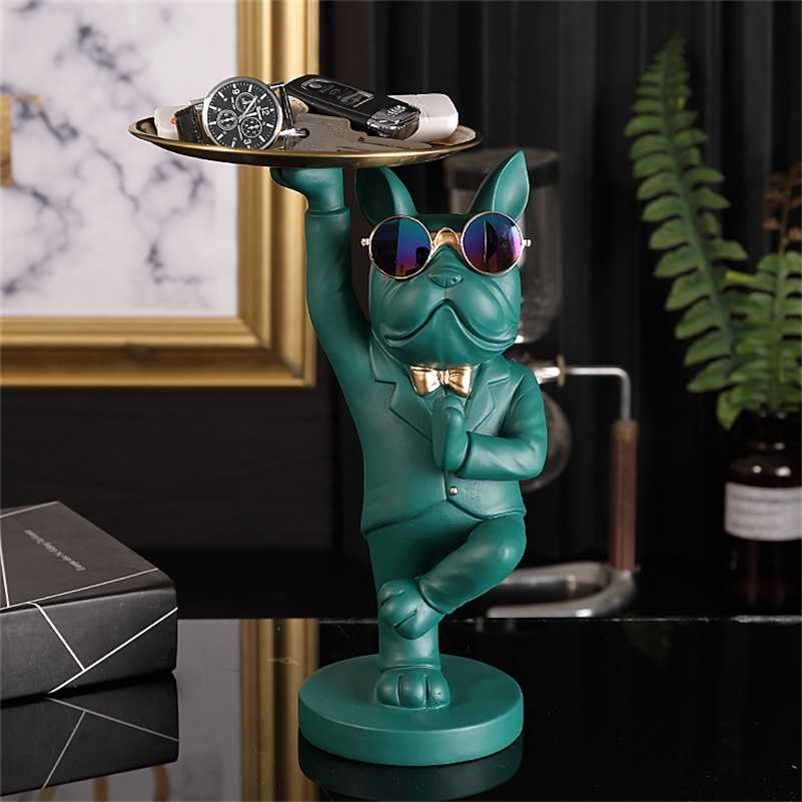 

KungFu Bulldog Butler With Tray for Keys Jewelry Stock Storage Nordic Home Decor Dog Statues Resin Sculpture Desk Decoration 220112