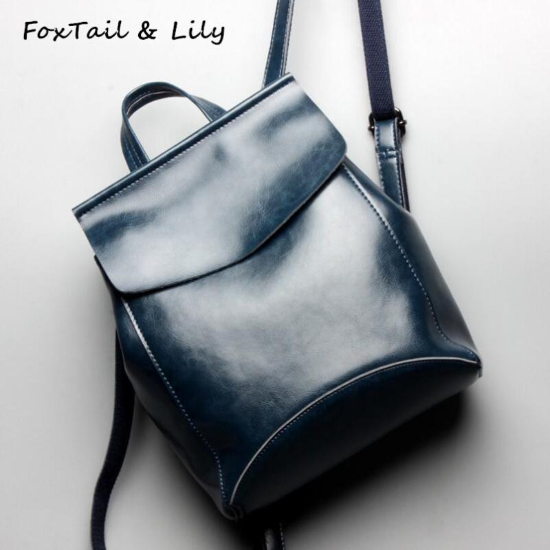 

FoxTail & Lily Oil Wax Cowhide Genuine Leather Backpack Women Stylish Travel Backpacks Large Capacity Ladies Simple Shoulder Bag, Black