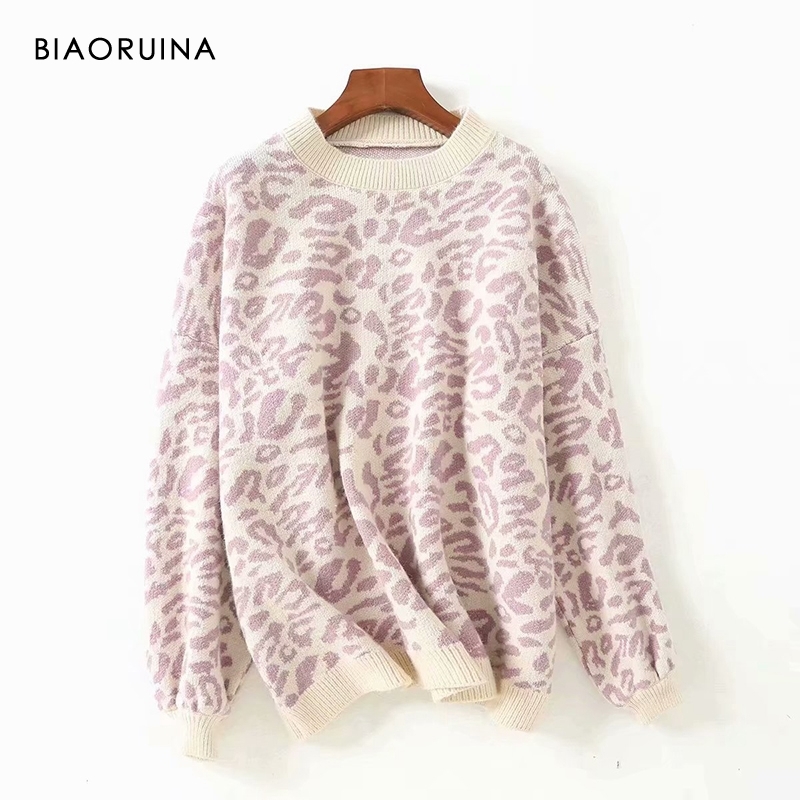 

BIAORUINA Women's Fashion Leopard Knit Sweater O-neck Female Casual Keep Warm Oversized Pullover Ladies Sweet Thick Sweater 210203, Black