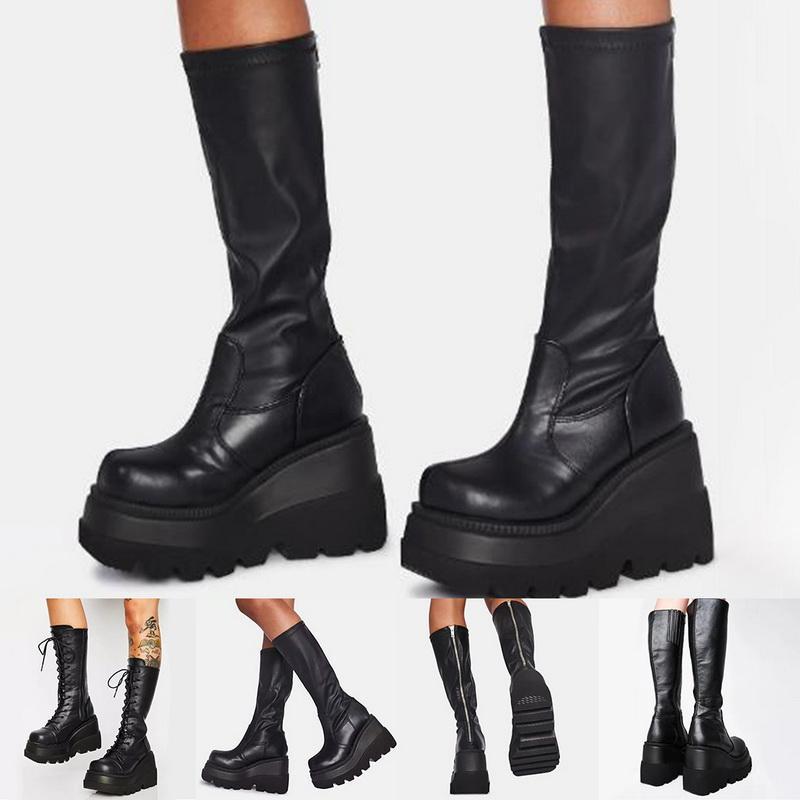 

Platform Boots Women Wedge Knee High Boots Winter Ladies Shoes Leather Riding Zipper thick bottom Long Autumn Fall 20201, Black lace up