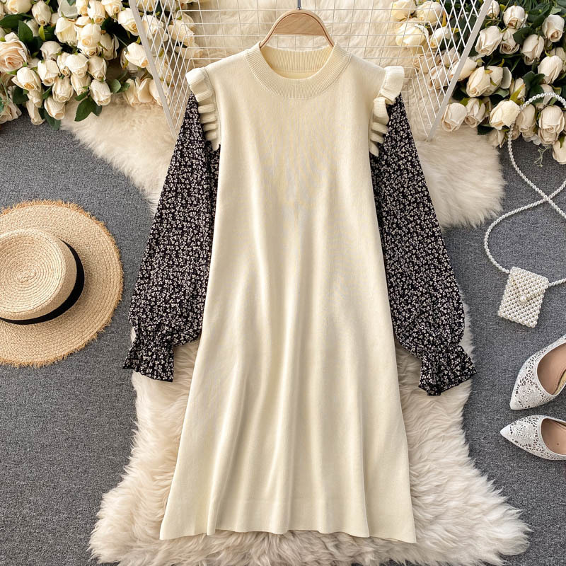 

2021 New female puff neck loose autumn elastic crocheted dress XDN1, Brown