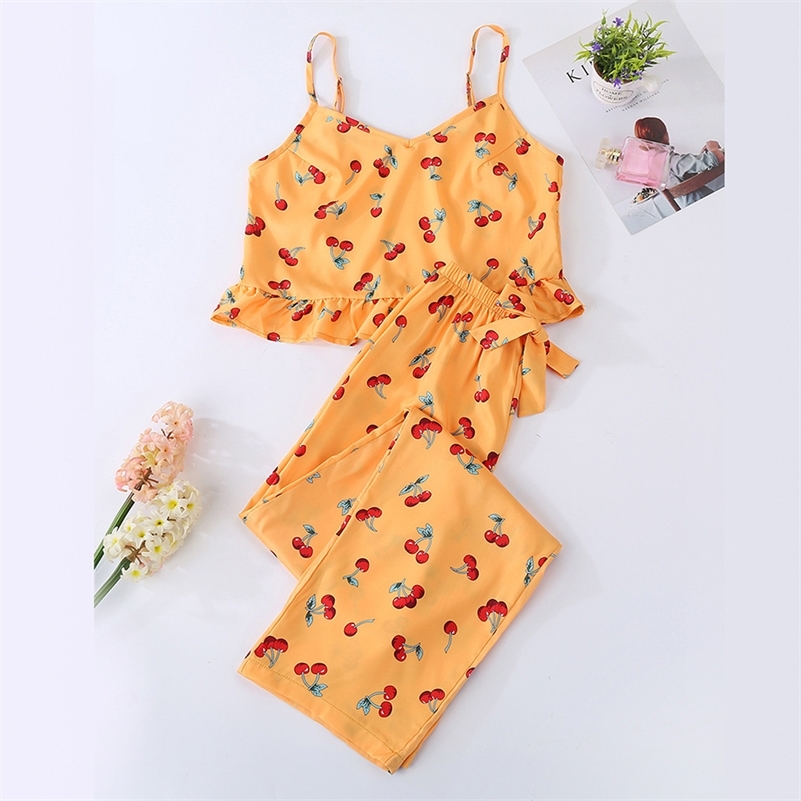 

Cute women's pajamas sets orange color with sweet cherry printed causal pajama sets fashion softy pajamas for ladies Y200708, Beige