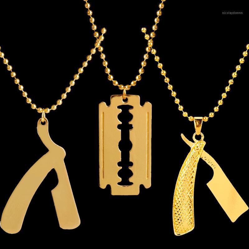 

2020 Polished New Fashion Jewelry Golden Barber Shop Razor Necklace Pendant Long Chain hip hop Men Necklace1