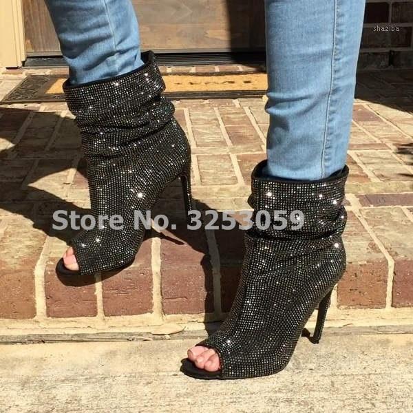 

ALMUDENA Real Photo Stiletto Heels Crystal Glittering Booties Black Silver Bling Bling Open Toe Ankle Boots Wedding Shoes1, As picture