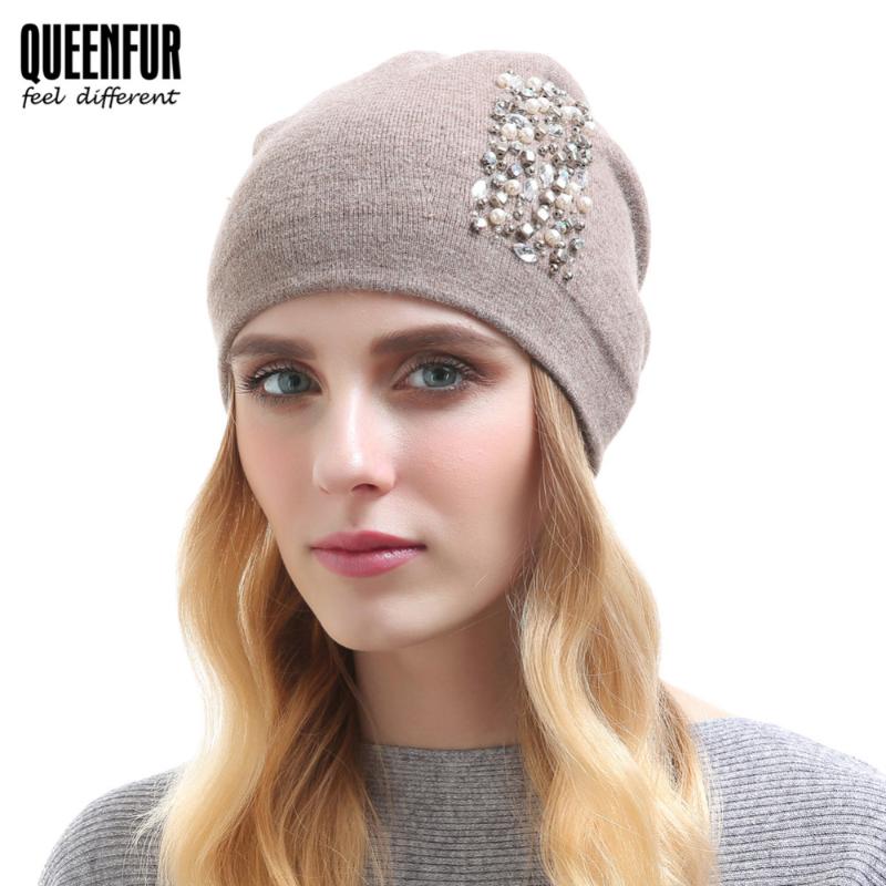 

QUEENFUR Women Winter Knit Wool Beanies Spring Cashmere Cap Skullies Hat For Girl Beanie Warm Baggy Wool Hat With Rhinestones, Black