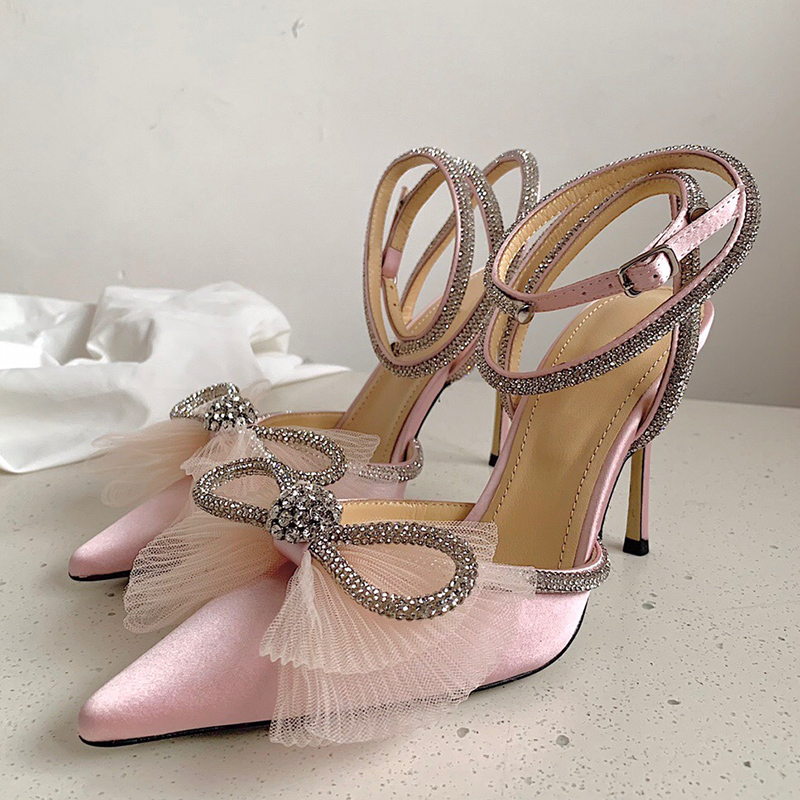

Casual Shoes sandals for womens Dress shoe Satin Mesh Bow Pumps Crystal Embellished rhinestone Evening shoes Luxury Designers ankle strap, Black