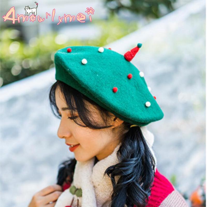 

Winter Women Beret Hats Japanese Style Mori Girl Lolita Christmas Tree Beret Caps Cute Painter Hat Warm Boina Feminina, Green