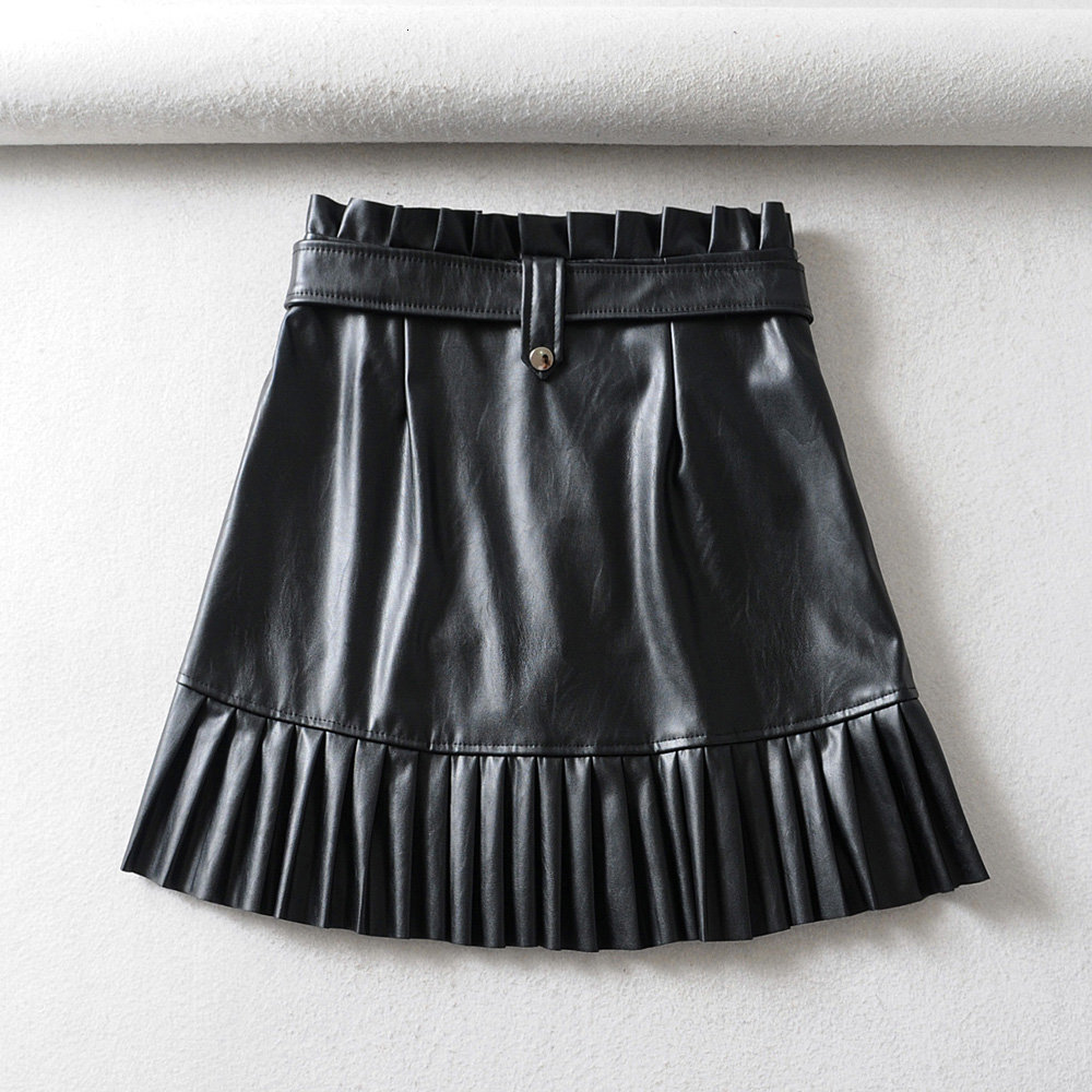

New Lead on the Ruffled Leather Skirt Plied with Fine European Female Plutonium Skirts Designer Autumn Lady Aline Party Belt Phjf, Black